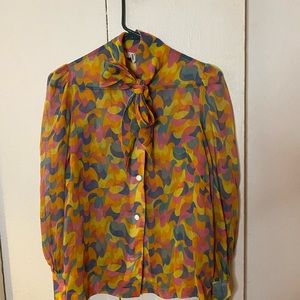 Vintage 1970s Colorful Retro Pussybow Blouse